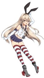 Rule 34 | 10s, 1girl, animal ears, blonde hair, brown eyes, elbow gloves, fake animal ears, gloves, hairband, kantai collection, keita (tundereyuina), long hair, open mouth, rabbit ears, shimakaze (kancolle), skirt, solo, striped clothes, striped thighhighs, thighhighs