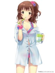 1girl blush bra breasts brown_eyes brown_hair brushing_teeth cleavage female_focus glass hair_ornament holding ilog looking_at_viewer occhan_(11715) official_art panties polka_dot polka_dot_bra polka_dot_panties see-through_clothes shirt solo toothbrush underwear