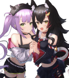 Rule 34 | 2girls, animal ear fluff, animal ears, bare shoulders, blush, cowboy shot, demon girl, fang, highres, holding hands, hololive, looking at viewer, midriff, multiple girls, ookami mio, ookami mio (1st costume), sheiou, simple background, skin fang, smile, tokoyami towa, virtual youtuber, white background, wolf ears, wolf girl