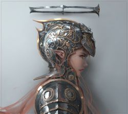 Rule 34 | 1girl, armor, backlighting, crown, from side, ghostblade, grey background, halo, highres, long hair, mechanical halo, pink hair, pointy ears, shadow, solo, upper body, very long hair, wlop