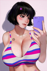 Rule 34 | 1girl, bare shoulders, bikini, black hair, blush, breasts, brown eyes, cellphone, cleavage, closed mouth, collarbone, freckles, hair ornament, hairclip, highres, holding, holding phone, large breasts, looking at phone, original, phone, randy (awesomevillage), shadow, short hair, smartphone, smartphone case, solo, standing, star (symbol), star tattoo, striped bikini, striped clothes, swimsuit, tattoo, upper body, veins, veiny breasts