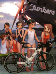 Rule 34 | 6+girls, :d, aircraft, airplane, bare legs, bare shoulders, barefoot, bicycle, biplane, black hair, braid, breasts, brown hair, flower, hair flower, hair ornament, hairclip, hands on own chest, highres, laughing, leaning forward, long hair, multiple girls, murata range, one-piece swimsuit, open mouth, original, red one-piece swimsuit, scan, short hair, short twintails, sitting, small breasts, smile, swimsuit, tears, twintails, white one-piece swimsuit