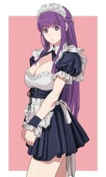 Rule 34 | 1girl, apron, blunt bangs, breasts, fern (sousou no frieren), highres, large breasts, looking at viewer, maid apron, maid headdress, pink background, purple eyes, purple hair, shiren (ourboy83), sousou no frieren, standing, straight hair