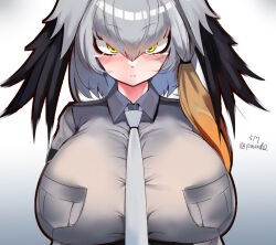 Rule 34 | 1girl, black hair, blush, breasts, closed mouth, grey hair, grey shirt, hair between eyes, huge breasts, kemono friends, looking at viewer, multicolored hair, necktie, paundo2, shirt, shoebill (kemono friends), short hair, solo, two-tone hair, upper body, white necktie, yellow eyes