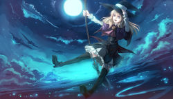 Rule 34 | 1girl, bad id, bad pixiv id, black thighhighs, blonde hair, blue eyes, brooch, broom, cloud, artistic error, extra digits, frilled thighhighs, frills, full moon, hand on headwear, hat, jewelry, long hair, moon, night, ocean, open mouth, original, parsley-f, pumpkin, sky, smile, solo, thighhighs, witch, witch hat, zettai ryouiki