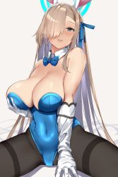 Rule 34 | 1girl, animal ears, asuna (blue archive), asuna (bunny) (blue archive), bare shoulders, black pantyhose, blue archive, blue bow, blue bowtie, blue eyes, blue leotard, blue ribbon, blush, bow, bowtie, breast hold, breasts, cleavage, covered navel, cowboy shot, detached collar, elbow gloves, fake animal ears, gloves, hair over one eye, halo, hand on own chest, highres, large breasts, leotard, light brown hair, long hair, looking up, mole, mole on breast, pantyhose, parted lips, playboy bunny, rabbit ears, rapapa, ribbon, sidelocks, sitting, spread legs, thighband pantyhose, thighs, white gloves