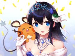Rule 34 | 1girl, :d, \||/, bare shoulders, black hair, blue eyes, blue flower, blue rose, blurry, bokeh, breasts, cheek-to-cheek, cleavage, collarbone, commentary request, creatures (company), crossover, curled fingers, dedenne, depth of field, dress, elbow gloves, closed eyes, flower, frilled dress, frills, game freak, gen 6 pokemon, gloves, hair between eyes, hair flower, hair ornament, hand up, heads together, idolmaster, idolmaster cinderella girls, jewelry, long hair, necklace, nintendo, off shoulder, open mouth, pokemon, pokemon (creature), rose, sagisawa fumika, sidelocks, smile, solo, teeth, tiara, upper body, upper teeth only, white gloves, yaaben