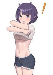 Rule 34 | !, 1girl, absurdres, black shorts, blue eyes, blush, bra, breasts, clothes lift, grey bra, highres, hololive, hololive english, lifting own clothes, looking at viewer, navel, ninomae ina&#039;nis, ninomae ina&#039;nis (loungewear), open mouth, parted bangs, pixie cut, pointy ears, purple hair, shift (shiftillust), shirt, shirt lift, short hair, short shorts, shorts, small breasts, swept bangs, t-shirt, teeth, underwear, upper teeth only, virtual youtuber, white shirt