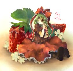 Rule 34 | 1girl, arm ribbon, bad id, bad pixiv id, boots, bow, dress, female focus, food, frills, front ponytail, fruit, green hair, hair ribbon, heart, in food, kagiyama hina, mini person, minigirl, own hands together, red dress, red eyes, ribbon, sitting, smile, solo, steepled fingers, strawberry, touhou, vitaminlemon