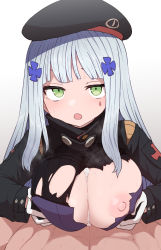 Rule 34 | 1boy, 1girl, beret, breasts, breasts squeezed together, cum, cum on body, cum on breasts, cum on upper body, facial mark, girls&#039; frontline, gloves, green eyes, hair ornament, hat, hetero, highres, hk416 (girls&#039; frontline), jacket, large breasts, long hair, long sleeves, looking at viewer, nipples, open mouth, paizuri, pov, silver hair, simple background, solo focus, sumiyao (amam), torn clothes, torn jacket, white background