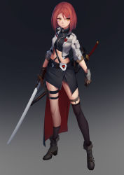 Rule 34 | 1girl, absurdres, ankle boots, arnold-s, asymmetrical legwear, belt boots, black skirt, black thighhighs, boots, breasts, closed mouth, hair ornament, hairclip, high heel boots, high heels, highres, holding, holding sword, holding weapon, looking at viewer, medium breasts, navel, orange eyes, original, red hair, sheath, sheathed, short hair, skirt, socks, solo, sword, thighhighs, uneven legwear, weapon