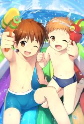 Rule 34 | 2boys, :d, bad id, bad pixiv id, bird, blue jammers, blue male swimwear, blue swim briefs, brown eyes, brown hair, cocolo (co co lo), finger on trigger, highres, inflatable raft, inflatable toy, jammers, kneeling, male school swimsuit, male swimwear, multiple boys, name tag, nipples, one eye closed, open mouth, original, seagull, short hair, smile, spiked hair, swim briefs, swimsuit, topless male, water, water gun