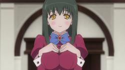 Rule 34 | 1girl, animated, animated gif, breasts, flashing, green hair, ladies versus butlers!, large breasts, nipples, no bra, open clothes, shikikagami saori, solo, yellow eyes