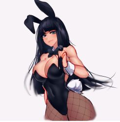 Rule 34 | 1girl, animal ears, bare shoulders, black hair, blunt bangs, blunt ends, bow, bowtie, breasts, cleavage, collarbone, covered navel, cowboy shot, detached collar, english text, fake animal ears, fishnet pantyhose, fishnets, highres, large breasts, leotard, long hair, nsfwolf, original, pantyhose, playboy bunny, rabbit ears, rabbit tail, simple background, sleeveless, solo, standing, strapless, strapless leotard, tail, white background, wrist cuffs