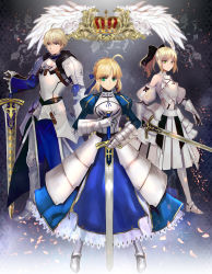Rule 34 | 1boy, 2girls, ahoge, armor, armored dress, arthur pendragon (fate), artoria pendragon (fate), astarone, bare shoulders, blonde hair, bow, caliburn (fate), capcom, crown, detached sleeves, dress, dual persona, excalibur (fate/stay night), fate/prototype, fate/stay night, fate/unlimited codes, fate (series), faulds, gauntlets, green eyes, hair bow, hair ribbon, hand on hilt, hands on hilt, highres, long hair, multiple girls, planted sword, planted, ponytail, ribbon, saber (fate), saber lily, short hair, sword, weapon, wings