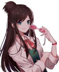 Rule 34 | 1girl, ace attorney, akira (ying), apollo justice: ace attorney, brown hair, ema skye, unworn eyewear, glasses, half updo, highres, holding, holding removed eyewear, lab coat, long hair, neckerchief, red ribbon, ribbon, sleeves rolled up, smile, solo, sunglasses, watch, wristwatch