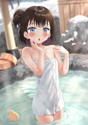Rule 34 | 1girl, bare arms, bare shoulders, black hair, blue eyes, blurry, blurry background, blush, breasts, commentary request, day, depth of field, female focus, fence, hair bun, hands up, highres, looking at viewer, multicolored hair, naked towel, nedia (nedia region), onsen, original, outdoors, parted lips, purple hair, rubber duck, short hair, small breasts, snow, solo, standing, sweat, towel, two-tone hair, washbowl, water