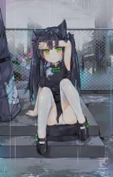 Rule 34 | 1girl, aged down, animal ears, armpits, black footwear, black hair, blue archive, blurry, bow, building, cat ears, chain-link fence, chinese clothes, cloud, cloudy sky, dema hmw, depth of field, fence, green eyes, hair bow, hair ribbon, highres, mary janes, panties, pantyshot, parted lips, rain, ribbon, shoes, shun (blue archive), shun (small) (blue archive), sitting, sky, skyscraper, thighhighs, twintails, underwear, wet, wet clothes, white panties, white thighhighs