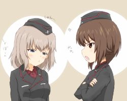 Rule 34 | &gt;:o, 10s, 2girls, :&gt;, :o, anger vein, angry, beige background, black hat, black jacket, blue eyes, blush, brown eyes, brown hair, commentary request, crossed arms, from side, garrison cap, girls und panzer, hat, itsumi erika, jacket, long sleeves, looking away, looking down, military, military uniform, multiple girls, nishizumi maho, open mouth, profile, short hair, silver hair, simple background, sync (id 12519877), text focus, translation request, uniform, upper body, v-shaped eyebrows