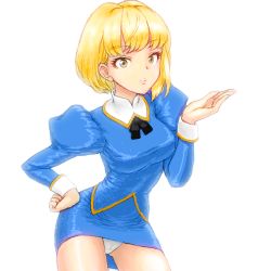 Rule 34 | 1girl, agent aika, aika (series), ascot, blonde hair, blue delmo, blue jacket, blue skirt, blunt bangs, breasts, cameltoe, closed mouth, commentary request, cosplay, crossover, delmo, delmogeny uniform, eyelashes, green eyes, hand on own hip, hand up, idolmaster, idolmaster cinderella girls, jacket, juliet sleeves, lipstick, long sleeves, looking at viewer, makeup, medium breasts, miyamoto frederica, nopa-so, panties, pantyshot, pencil skirt, pink lips, puffy sleeves, short hair, sidelocks, simple background, skirt, solo, standing, swept bangs, taut clothes, taut jacket, underwear, uniform, white background, white panties