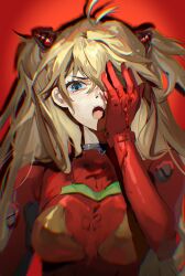 Rule 34 | &gt;:(, 1girl, absurdres, angry, antenna hair, bleeding, blonde hair, blood, blood on face, blood on hands, blue eyes, bodysuit, breasts, chinese commentary, chromatic aberration, commentary request, covering one eye, drop shadow, the end of evangelion, hand on own face, hand up, highres, injury, interface headset, long hair, looking at viewer, medium breasts, neon genesis evangelion, one eye covered, open mouth, pilot suit, plugsuit, red background, red bodysuit, simple background, solo, souryuu asuka langley, two side up, upper body, v-shaped eyebrows, yetainai yetaishui