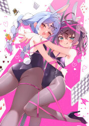 Rule 34 | 2girls, :q, animal ear fluff, animal ears, aqua eyes, bare shoulders, black footwear, black leotard, blue hair, blush, bow, braid, breasts, brown hair, brown pantyhose, card, carrot hair ornament, closed mouth, commentary request, fake animal ears, food-themed hair ornament, hair between eyes, hair bow, hair ornament, heart, high heels, highleg, highleg leotard, highres, hololive, leg up, leotard, long hair, looking at viewer, multicolored hair, multiple girls, natsuiro matsuri, open mouth, orange eyes, pantyhose, pink ribbon, playboy bunny, playing card, pole, rabbit-shaped pupils, rabbit ears, rabbit girl, rabbit hair ornament, rabbit hole (vocaloid), rabbit tail, ribbon, short eyebrows, short hair, small breasts, smile, standing, standing on one leg, streaked hair, stripper pole, symbol-shaped pupils, tail, teardrop facial mark, thick eyebrows, tongue, tongue out, twin braids, twintails, two-tone hair, usada pekora, virtual youtuber, white bow, white hair, x hair ornament, yoshie eneko