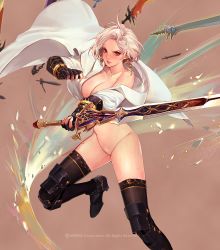 Rule 34 | 00s, 1girl, bad id, bad pixiv id, black footwear, black thighhighs, blush, boots, bottomless, breasts, brown background, cape, cleavage, cleft of venus, collarbone, colored pubic hair, company name, dungeon and fighter, earrings, female focus, female pubic hair, female slayer (dungeon and fighter), fighting stance, fingerless gloves, gloves, happening18, high heel boots, high heels, holding, holding sword, holding weapon, jewelry, knee pads, large breasts, lips, looking at viewer, naked cape, nude filter, outstretched arm, pubic hair, pussy, red eyes, short hair, solo, sword, sword master (dungeon and fighter), swordmaster (dungeon and fighter), thighhighs, third-party edit, uncensored, warrior, watermark, weapon, white hair