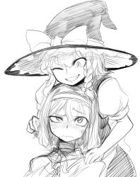 Rule 34 | 2girls, alice margatroid, blush, face, female focus, greyscale, hat, highres, kirisame marisa, monochrome, multiple girls, short hair, simple background, sketch, smile, spacezin, sweat, touhou, white background, witch hat