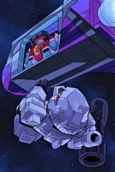 Rule 34 | arm cannon, astrotrain, chibi, commentary, decepticon, english commentary, falling, looking down, makoto ono, mecha, megatron, open hands, open mouth, red eyes, robot, scene reference, smile, space, space shuttle, spacecraft, spoilers, starscream, transformers, weapon