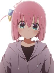 Rule 34 | 1girl, aged down, atu, black shirt, blue eyes, bocchi the rock!, closed mouth, cube hair ornament, dot nose, drawstring, gotoh hitori, grey hoodie, grey jacket, hair ornament, highres, hood, hooded jacket, hoodie, jacket, looking at viewer, one side up, pink hair, shirt, short hair, simple background, solo, twitter username, white background