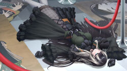 Rule 34 | 1girl, absurdres, belt, black belt, black gloves, black hair, blue eyes, breasts, choker, commentary, dress, ej com dd, gloves, green dress, grey hair, highres, hololive, hololive dev is, juufuutei raden, lace, lace choker, long hair, lying, medium breasts, multicolored hair, on back, pantyhose, smile, stanchion, two-tone hair, virtual youtuber, white pantyhose