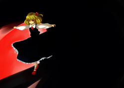 Rule 34 | 1girl, blonde hair, dark, darkness, dress, embodiment of scarlet devil, female focus, gradient background, outstretched arms, rumia, solo, spread arms, touhou, yui (soranohako)