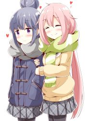 Rule 34 | 2girls, absurdres, aikawa ryou, blue hair, blush, closed eyes, coat, green scarf, hair between eyes, hair bun, hands in pockets, heart, highres, jitome, kagamihara nadeshiko, locked arms, long sleeves, low twintails, multiple girls, nose blush, pantyhose, pink hair, pleated skirt, purple eyes, scarf, shima rin, single hair bun, skirt, striped clothes, striped scarf, sweater, twintails, white background, winter clothes, winter coat, yuri, yurucamp