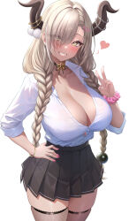 Rule 34 | 1girl, alternate costume, azur lane, black choker, black horns, black skirt, black thighhighs, blonde hair, blush, bracelet, braid, breasts, choker, cleavage, collarbone, collared shirt, commentary request, cowboy shot, eyes visible through hair, grin, hair ornament, hair over one eye, hairclip, hand on own hip, hand up, heart, heart hair ornament, highres, horn ornament, horns, jewelry, large breasts, long hair, long sleeves, looking at viewer, mole, mole under mouth, nail polish, owari (azur lane), parted lips, pink nails, pink scrunchie, pleated skirt, school uniform, scrunchie, shirt, shirt tucked in, simple background, skirt, smile, solo, studiopokotan, teeth, thighhighs, thighs, twin braids, v, white background, white shirt, wrist scrunchie, yellow eyes
