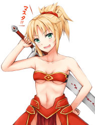 Rule 34 | 1girl, :d, absurdres, blonde hair, bra, breasts, clarent (fate), cleavage, collarbone, fate/apocrypha, fate (series), green eyes, hair ornament, hair scrunchie, hand on own hip, head tilt, high ponytail, highres, holding, holding sword, holding weapon, leeshin0919, long hair, midriff, mordred (fate), mordred (fate/apocrypha), navel, open mouth, pixiv fate/grand order contest 1, red bra, red scrunchie, scrunchie, sidelocks, simple background, small breasts, smile, solo, standing, stomach, strapless, strapless bra, sword, underboob, underwear, weapon, white background