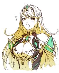 Rule 34 | 1girl, akke, armor, blonde hair, blush, breasts, cleavage, cleavage cutout, clothing cutout, earrings, gem, gloves, headpiece, jewelry, large breasts, long hair, looking at viewer, mythra (xenoblade), nintendo, solo, swept bangs, tiara, xenoblade chronicles (series), xenoblade chronicles 2, yellow eyes