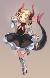 Rule 34 | 1girl, abigail williams (fate), black bow, black dress, blonde hair, blue eyes, blush, boots, bow, cosplay, curled horns, detached sleeves, dragon girl, dragon horns, dragon tail, dress, elizabeth bathory (fate), elizabeth bathory (fate) (cosplay), elizabeth bathory (fate/extra ccc), elizabeth bathory (first ascension) (fate), fang, fate/extra, fate/extra ccc, fate/grand order, fate (series), forehead, full body, hair bow, hand up, high heel boots, high heels, highres, horns, knee boots, long hair, long sleeves, looking at viewer, miya (miyaruta), open mouth, orange bow, parted bangs, polka dot, polka dot bow, sleeves past wrists, smile, solo, spiked boots, spiked footwear, spikes, standing, standing on one leg, tail, tail raised, v, v-shaped eyebrows, very long hair, white footwear, white sleeves