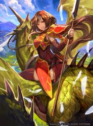 Rule 34 | 1girl, altenna (fire emblem), armor, back, bird, boots, brown eyes, brown hair, company name, day, dragon, feathers, fire emblem, fire emblem: genealogy of the holy war, fire emblem cipher, headband, lack, long hair, mountain, nintendo, official art, polearm, river, sky, solo, spear, teeth, thighhighs, weapon