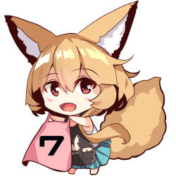 Rule 34 | 1girl, :d, animal ear fluff, animal ears, apron, barefoot, black apron, blue skirt, blush, brown hair, chibi, fox ears, fox girl, fox tail, full body, hair between eyes, holding, long hair, looking at viewer, open mouth, original, outstretched arms, pink apron, pleated skirt, red eyes, shirt, sidelocks, simple background, skirt, smile, solo, tail, tail raised, very long hair, white background, white shirt, yuuji (yukimimi)