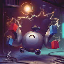 Rule 34 | artist name, cable, closed eyes, creatures (company), electricity, floating, full body, game freak, gen 1 pokemon, happy, indoors, light bulb, magnemite, magnet, nintendo, no humans, one-eyed, pokemon, pokemon (creature), screw, solo, star soul, watermark