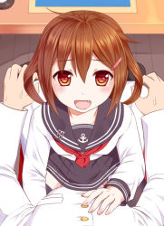Rule 34 | 10s, 1girl, admiral (kancolle), blush, brown eyes, brown hair, fang, hair ornament, hairclip, hand on another&#039;s chest, ikazuchi (kancolle), ikeda yuuki, kantai collection, neckerchief, open mouth, pov, red neckerchief, school uniform, serafuku, sexually suggestive, short hair, sitting, sitting on lap, sitting on person, skirt, smile, solo focus, sweatdrop, thighhighs