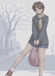 Rule 34 | 1girl, absurdres, bag, bare tree, black coat, blue skirt, brown eyes, brown hair, brown scarf, closed mouth, coat, commentary, expressionless, highres, holding, holding bag, kasugano sakura, looking at viewer, outdoors, own hands together, pink bag, plaid, plaid scarf, pleated skirt, red footwear, road, scarf, school uniform, shoes, short hair, skirt, sneakers, socks, solo, spread legs, standing, standing on one leg, street, street fighter, tomboy, tree, tyanoki, v arms, very short hair, white socks, winter, winter clothes