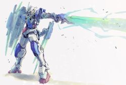 Rule 34 | aqua eyes, commentary, energy, gundam, gundam 00, gundam 00 festival 10 &quot;re:vision&quot;, gundam exia repair iv, highres, holding, holding sword, holding weapon, kare (0621utak), looking to the side, mecha, mobile suit, no humans, pointing weapon, robot, science fiction, shield, simple background, solo, sword, v-fin, weapon, white background