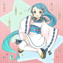 Rule 34 | 1girl, adapted costume, blue eyes, blue hair, blue sailor collar, cocoperino, commentary request, full body, geta, gradient hair, hair ornament, japanese clothes, kantai collection, kimono, long hair, looking at viewer, multicolored hair, ribbon-trimmed sleeves, ribbon trim, sailor collar, samidare (kancolle), solo, star (symbol), star hair ornament, striped, striped background, swept bangs, thighhighs, very long hair, white thighhighs