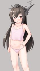 Rule 34 | 1girl, absurdres, black hair, brown eyes, camisole, commentary request, dated, feet out of frame, headgear, highres, kantai collection, long hair, looking at viewer, maru (marg0613), nagato (kancolle), navel, one-hour drawing challenge, panties, pink camisole, pink panties, solo, twitter username, underwear, aged down