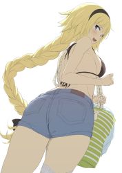 Rule 34 | 1girl, :d, akita hika, ass, back, bad id, bad twitter id, bag, bare arms, bare shoulders, bikini, bikini top only, black bikini, black hairband, blonde hair, blue eyes, blue shorts, blush, braid, braided ponytail, breasts, commentary request, cowboy shot, denim, denim shorts, fate/grand order, fate (series), flat color, from behind, from below, hairband, highres, holding, holding bag, jeanne d&#039;arc (fate), jeanne d&#039;arc (ruler) (fate), large breasts, long hair, looking at viewer, looking back, looking down, open mouth, shorts, sideboob, simple background, single braid, single thighhigh, sketch, smile, solo, swimsuit, thighhighs, very long hair, white background, white thighhighs