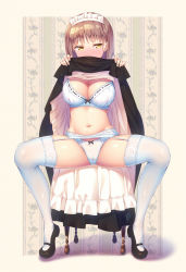Rule 34 | 1girl, apron, black dress, blue bra, blue panties, blue thighhighs, blush, bra, breasts, brown footwear, brown hair, chair, cleavage, closed mouth, dress, floral background, frilled apron, frills, full-face blush, full body, garter belt, highres, juliet sleeves, kazuma (kazumav), long sleeves, looking at viewer, maid, maid headdress, medium breasts, navel, neck ribbon, original, panties, puffy sleeves, ribbon, ribbon-trimmed bra, short hair, sitting, smile, solo, spread legs, stomach, thighhighs, thighs, underwear, white apron, white ribbon, yellow eyes