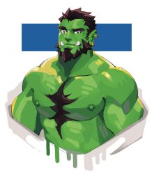 Rule 34 | 1boy, abs, bara, bare pectorals, beard, chest tuft, colored skin, cropped torso, earrings, facial hair, full beard, green skin, highres, hydaus, jewelry, large pectorals, looking at viewer, mature male, monster boy, muscular, muscular male, nipples, off shoulder, orc, original, pectorals, pointy ears, sanpaku, seductive smile, short hair, sideburns stubble, smile, stubble, thick beard, thick eyebrows, tusks, undressing