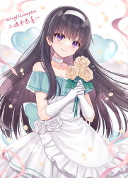 Rule 34 | 1girl, balloon, bare shoulders, black hair, bloomers, blue bow, blush, bow, choker, closed mouth, collarbone, copyright request, dress, elbow gloves, flower, frilled dress, frills, gloves, hairband, heart balloon, hitsuki rei, holding, holding flower, long hair, looking at viewer, off-shoulder dress, off shoulder, purple eyes, rose, smile, solo, underwear, very long hair, white bloomers, white choker, white dress, white flower, white hairband, white rose