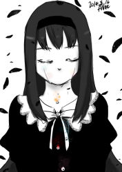 Rule 34 | 10s, 1girl, 2014, akemi homura, black hair, closed eyes, crying, dated, dress, facing viewer, funeral dress, greyscale, hairband, long hair, mahou shoujo madoka magica, mahou shoujo madoka magica: hangyaku no monogatari, monochrome, no mouth, signature, simple background, solo, spoilers, white background